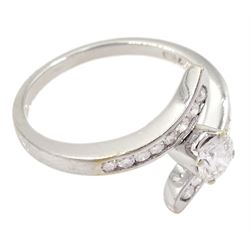 18ct white gold single stone diamond ring, with channel set diamond crossover shoulders, stamped 750, principal diamond weight approx 0.33 carat