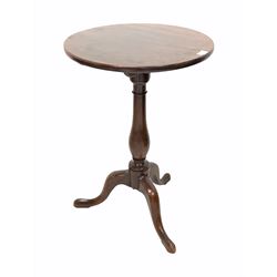 George III mahogany occasional table, the single plank circular snap top over ring turned baluster column, raised on three splayed supports with pad feet D49cm