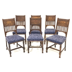Set six late 19th century Art Nouveau period oak dining chairs with scrolled foliate inlay, upholstered seats, turned front supports connected by H stretchers 