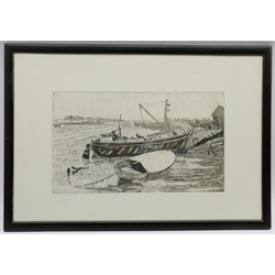 Robert Horne (1923-2010): 'Old Fishing Boat - Walberswick', etching with aquatint signed titled dated '83 and numbered 2/30 in pencil 24cm x 40cm; V Bacci (20th century): 'City of Carlisle' Locomotive 46238, gouache signed, titled '87 verso 21cm x 39cm (2)