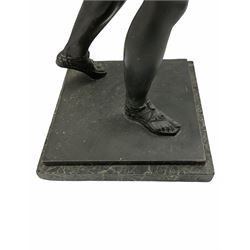 Bronzed classical male standing figure holding a torch on a square marble base H58cm
