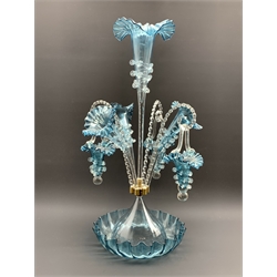 Victorian design blue glass four branch epergne hung with three baskets on a crimped circular base H61cm