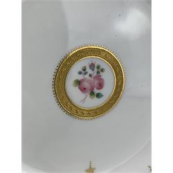 Pair of 19th/ early 20th century cabinet plates (1891- 1912), centrally painted roses within a raised greek key gilt roundel, the border painted with floral swags and further roundels, withinn shaped acanthus leaf moulded borders, pattern no. G7427, D23cm