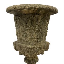 Pair of Georgian design ornate campana shape urns, egg and dart rim over scrolling rosette body with twin masks to the gadrooned underbelly, on square pedestal bases