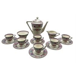 Art Deco Royal Cauldon 'Famille Rose' pattern coffee set comprising coffee pot, six cups & saucer, cream jug and sugar bowl  