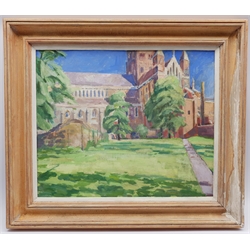 Pamela Chard (British 1926-2003): St Alban's Cathedral South Transept, oil on board unsigned 49cm x 59cm 
Provenance: studio collection of the late William Chard, the artist's husband
Notes: Chard was a British artist and teacher married to fellow artist William Chard (1923-2020). The couple met at the Redfern Gallery in Cork Street, London, and went on to study under several important artists  such as Henry Moore, Ceri Richards, and Vivian Pitchforth. They were both active members of 'The Arts Council of Great Britain', and exhibited with the London Group and Drian Gallery.
