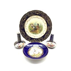 Dresden cabinet plate, the centre painted with two Pheasants within a cobalt blue and gilt border, D24cm, a pair of 19th century hand painted vases together with a Bloor Derby saucer (4)