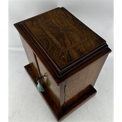 Victorian walnut table-top cabinet, the rectangular stepped top with satinwood and boxwood inlaid decoration, the conforming twin doors opening to reveal three drawers, each with flush brass handles, on plinth base, H32cm, W30.5cm, D21cm