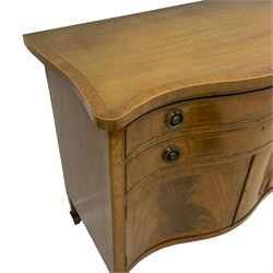 20th century mahogany serpentine side cabinet, crossbanded top over two drawers and double cupboard, fitted with circular pressed and pierced handle plates and laurel leaf wreath handles, figured drawer and door fronts, on square tapering spade feet