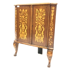  19th century Dutch marquetry walnut floor standing corner cupboard, with boxwood sting and floral inlay, two doors enclosing a shelf, raised on cabriole supports, W67cm, H79cm, D36cm  