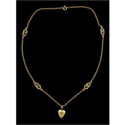 Edwardian 15ct gold diamond heart pendant, suspending from a 10ct rose gold turquoise set knot necklace