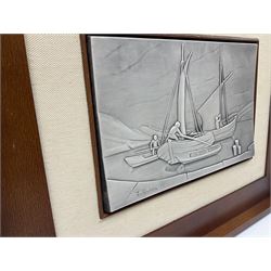 Italian white metal plaque depicting fishing boats, from Ottaviani studio, marked '925', framed 17cm x 24cm