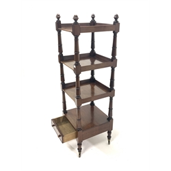  George III mahogany four tier whatnot, with acorn finials, drawer to base and raised on ring turned tapered supports terminating in brass cup castors, W48cm, H158cm, D48cm