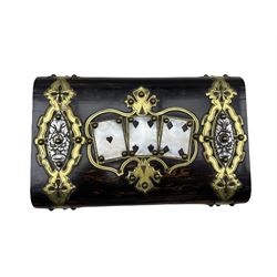 Victorian coromandel playing card box, the hinged lid with applied brass strapwork and three mother of pearl cards, 