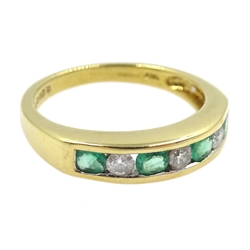 18ct gold round brilliant cut diamond and emerald half eternity ring, hallmarked