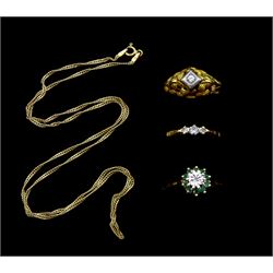 9ct gold emerald and diamond cluster ring, 14ct gold single stone diamond ring, 18ct gold three stone clear paste ring and a 9ct gold necklace