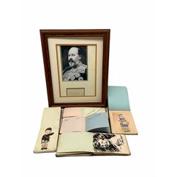Early 20th century autograph book with sketches, verse etc circa 1910, four others and a framed photograph of Edward VII