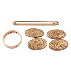 Pair of early 20th century rose gold cufflinks, bar brooch and wedding band ring, all 9ct stamped or hallmarked, approx 7.35gm