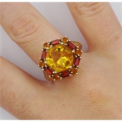 9ct gold hexagonal two tone citrine cluster ring, with pierced scroll shoulders, hallmarked 