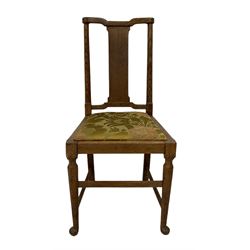Marsh Jones and Cribb (1864-1936) - set of six early 20th century 'Hampton Court' design dining chairs, shaped cresting rail over high slat back, foliate patterned upholstered drop-in seats, on cabriole front supports united by stretchers