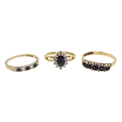 Gold sapphire and diamond cluster ring, gold sapphire and cubic zirconia ring and a five stone sapphire ring, all hallmarked 9ct 
