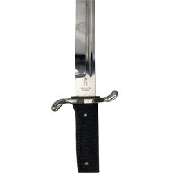 German Third Reich Fire Brigade parade bayonet, the 20cm blade inscribed 'E Pack & Sohne Solingen' with hatched grip and metal scabbard