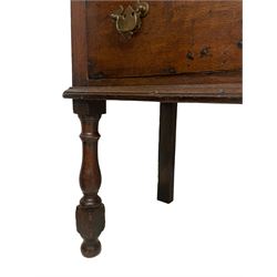 18th century oak dresser base, moulded rectangular top over two drawers, on turned and block front supports 