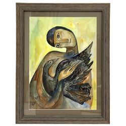Maria Rud (Russian contemporary): Figure Holding Blackbird, abstract watercolour signed 25cm x 34cm