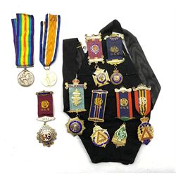 Collection of seven RAOB silver gilt and enamel breast jewels awarded to E and G E Blanchard in the 1950s together with WW1 pair of War and Victory medals to Pte. W B Blanchard, Royal Warwickshire Regt. No.23596