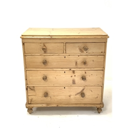 Victorian polished pine chest fitted with two short and three long drawers, raised on turned supports 