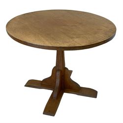 'Gnomeman' oak circular dining table, on square tapered column carved with gnome signature, out splayed sledge supports with tooled brackets, by Thomas Whittaker of Littlebeck, D97cm, H75cm