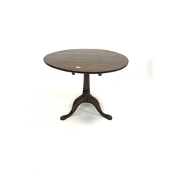 Georgian oak circular tilt top occasional table, raised on ring turned column and triple splay supports with pad feet, D84cm, H70cm