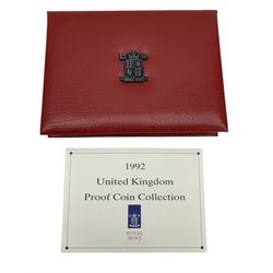 The Royal Mint United Kingdom 1992 proof coin collection, including dual dated 1992/93 EEC fifty pence coin, in red folder with certificate

