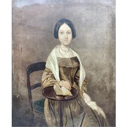 English School (early 19th century): Three Quarter Length Seated Portrait of an Early Victorian Lady Reading a Book, oil on canvas unsigned 52cm x 42cm