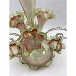 Victorian pink and green glass epergne with four trumpet shape vases and three suspended baskets with crimped rims on circular dished base H51cm