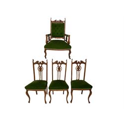 Walnut framed armchair, upholstered in green fabric together with three other chairs in similar design