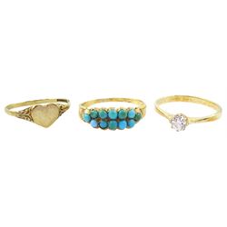 9ct gold single stone cubic zirconia ring, 9ct gold heart shaped signet ring and a gold turquoise ring