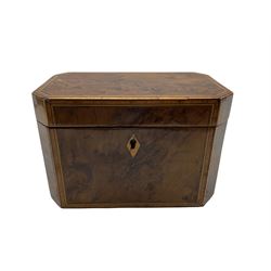 Early 19th century burr yew wood tea caddy of oblong form with canted corners and satinwood crossbanding, the interior with two covered containers W19cm