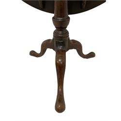George III mahogany tripod table, circular tilt-top on turned baluster pedestal, three splayed supports with pad feet