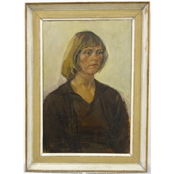 Mick Arnup (British 1923-2008): Portrait of Sally Arnup, the artist's wife, oil on canvas unsigned 75cm x 49cm 
Provenance: By direct descent from the Arnup family