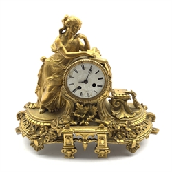 19th century gilt bronze figural mantel clock, white enamel dial with Roman numeral chapter ring, twin spring movement striking hammer on bell, movement stamped 'R. Bouvier, Bruxelles, 1067', W49cm, (missing bell)  