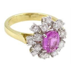 18ct gold oval pink sapphire and diamond cluster ring, hallmarked, sapphire approx 1.20 carat, total diamond weight approx 0.65 carat