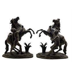 After Guillaume Coustou (1677-1746): Pair of spelter Marly horses with their groom, H60cm x W43cm