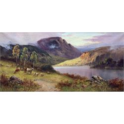 Sidney Yates Johnson (British fl. 1890-1926): Highland Cattle Grazing in the Trossachs, Scottish loch scene, oil on canvas signed 30cm x 60cm