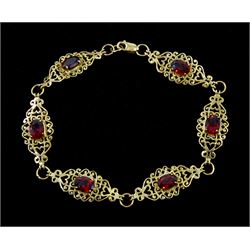 9ct gold oval garnet link bracelet, hallmarked