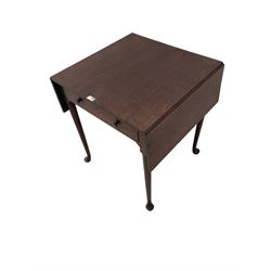 George III plum pudding mahogany side table, rectangular drop-leaf top, fitted with single oak-lined drawer, raised on cabriole supports with pad feet
