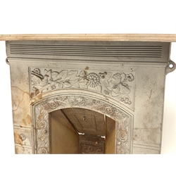 Victorian cast iron bedroom fireplace, decorated with birds and foliage, Rd lozenge to back, W72cm, H90cm, D14cm