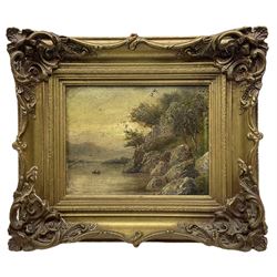 English School (19th century): Rocky Lake Landscape, oil on board unsigned 17cm x 22cm
