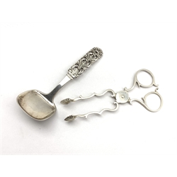  Pair of Geo. lll style silver scissor action sugar nips, Birmingham 1906 Maker George Unite and a Danish 830 standard silver caddy spoon  