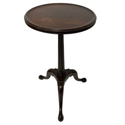 Georgian design mahogany tripod wine table, circular moulded dished top on turned and fluted column, triangular platform with three splayed supports